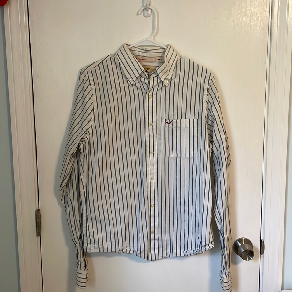 Hollister California Men’s Button up long sleeve white with navy stripes